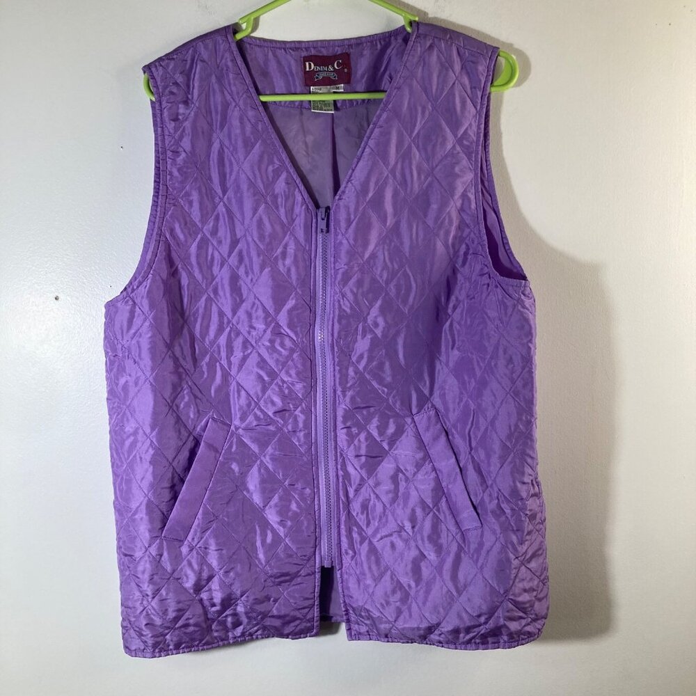 Womens Denim & Co Quilted Silk Vest Lined Purple M Zip Front